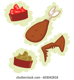 Fried chicken leg and wing, guacamole sauce and chili salsa. Vector cartoon icons isolated on white background.