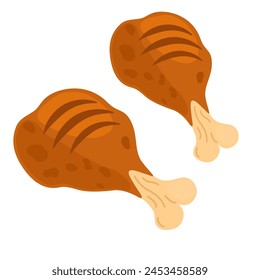 Fried chicken legs with bone. Crispy thigh meat of grilled turkey. Barbecue fat and crunchy food. Cooked roasted BBQ dish. Flat vector illustration isolated on white background