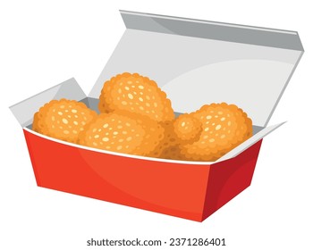 Fried chicken legs in cardboard box package fast food take away delivery isometric vector illustration. Crispy appetizing golden poultry limbs hot crunchy meat delicious juicy nugget in paper pack