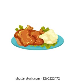 Fried chicken legs and mashed potatoes, tasty dish vector Illustration on a white background