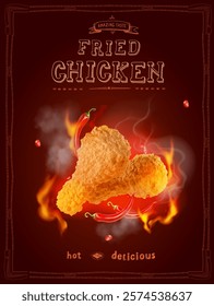 Fried chicken legs in motion, fallen chicken legs with fire and pepper for promo, flying, 3d, realistic fast food poster. Vector