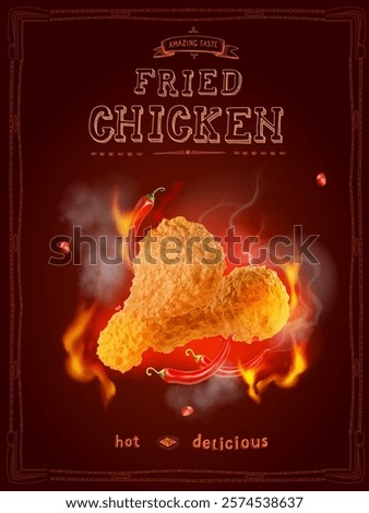 Fried chicken legs in motion, fallen chicken legs with fire and pepper for promo, flying, 3d, realistic fast food poster. Vector