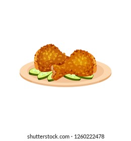 Fried chicken legs served with cucumbers on a plate, tasty poultry dish vector Illustration on a white background