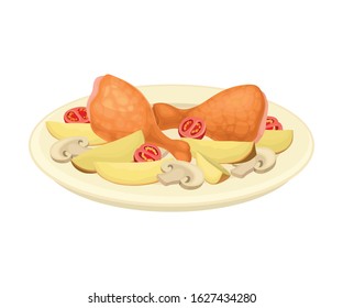 Fried Chicken Legs Served on Plate with Mushrooms and Tomatos Vector Illustration