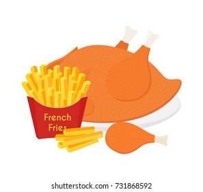Fried chicken, legs, wings, french fries. Tasty fast food. Made in cartoon flat style. Vector illustration