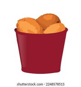 Fried chicken legs and wings in red bucket. Crispy meat in batter in paper packaging. Vector isolated eps illustration for fast food cafe and restaurant advertising.