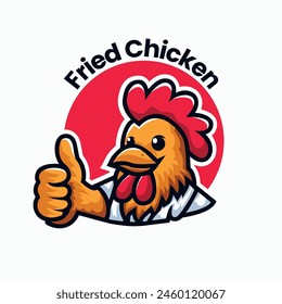 Fried Chicken Logo Illustration. Rooster Mascot Design. Suitable for T-shirt, Badge, Emblem, Print, Business, Brand, Fast Food, Culinary Brand, Restaurant. Vector, Editable Color