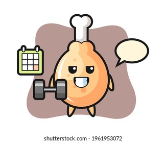 Fried chicken mascot cartoon doing fitness with dumbbell, cute style design for t shirt, sticker, logo element