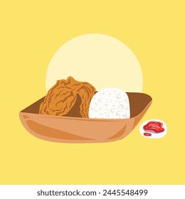 Fried chicken meal set with rice and hot chilli sauce condiment in paper bowl. Food vector illustration isolated on square yellow background. Simple flat cartoon art styled drawing.