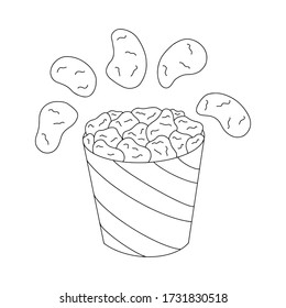 Fried chicken meat in bucket vector outline illustration isolated on white background. Tasty fast food nuggets concept for restaurant, cafe, web design.