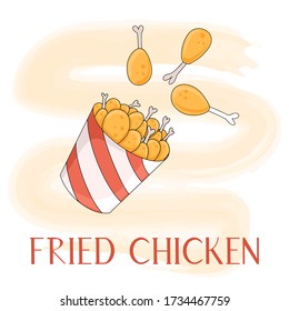 Fried chicken meat in bucket vector card concept with hand drawn lettering. Bright colorful tasty fast food nuggets concept for restaurant, cafe, banner design.