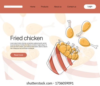 Fried chicken meat in bucket vector cartoon landing page concept. Bright colorful tasty fast food nuggets concept for restaurant, cafe, web design.