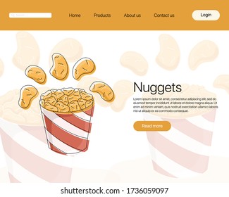 Fried chicken meat in bucket vector cartoon landing page concept. Bright colorful tasty fast food nuggets concept for restaurant, cafe, web design.
