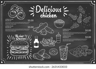Fried chicken meat. Fast food menu design elements. Restaurant cafe menu, template design. Food flyer. Vector.