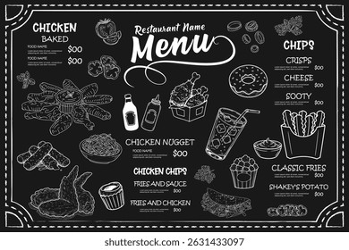 Fried chicken meat. Fast food menu design elements. Restaurant cafe menu, template design. Food flyer. Vector.