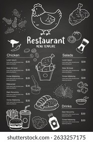 Fried chicken meat. Fast food menu design elements. Restaurant cafe menu, template design. Food flyer. Vector.