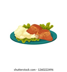 Fried chicken meat and mashed potatoes, tasty dish vector Illustration on a white background