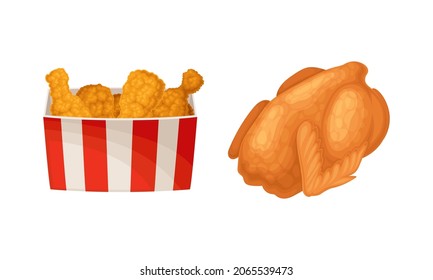 Fried chicken meat set. Crispy drumsticks in basket and whole fried chiken cartoon vector illustration