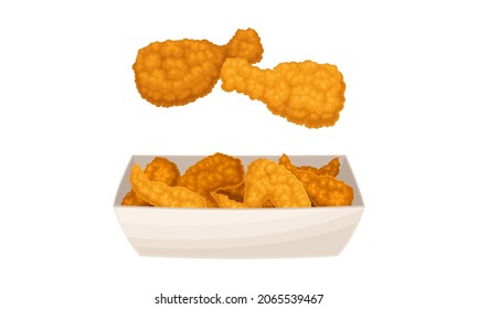 Fried chicken meat set. Tasty crispy wings and legs fast food dish cartoon vector illustration