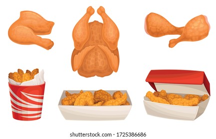Fried Chicken Meat with Wings and Legs Poured in Baskets Vector Set