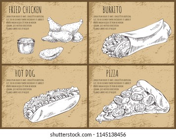 Fried chicken Mexican burrito dish wrapped vegetables and meat. Monochrome sketches outline pizza and hot dog bun with sausage posters set vector