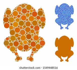 Fried chicken mosaic of small circles in various sizes and shades, based on fried chicken icon. Vector small circles are united into blue mosaic. Dotted fried chicken icon in usual and blue versions.