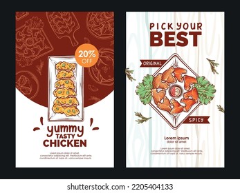 Fried Chicken nugget and chicken wing double flavor Illustration vertical poster template for restaurant vector design