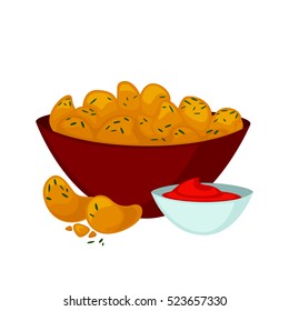 Fried chicken nuggets in breaded with sauce. Tasty meal in restaurant of fast food cartoon style. Unhealthy nutrition. Vector illustration of isolated on white background.