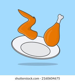 Fried Chicken On A Plate Cartoon Vector Illustration. Fried Chicken Flat Icon Outline