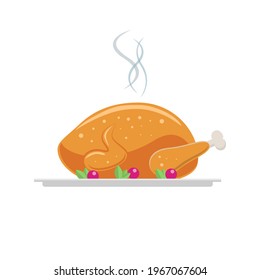 Fried chicken on a platter decorated with leaves and berries. Vector illustration isolated on a white background. Icon, sign, template for design.