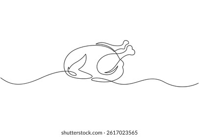 Fried chicken in one line style, Roasted chicken or turkey in one continuous line drawing. Thanksgiving dinner in simple linear style. Fall harvest in editable stroke.