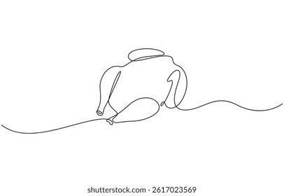 Fried chicken in one line style, Roasted chicken or turkey in one continuous line drawing. Thanksgiving dinner in simple linear style. Fall harvest in editable stroke.