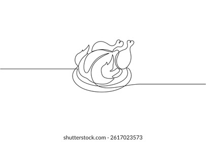 Fried chicken in one line style, Roasted chicken or turkey in one continuous line drawing. Thanksgiving dinner in simple linear style. Fall harvest in editable stroke.