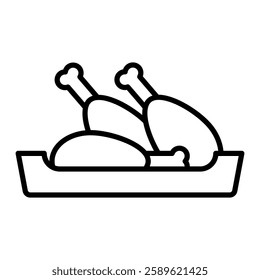 Fried chicken outline icon, features a fried chicken on a platter, .  Ideal for projects related to fastfood, delis, cafe, restaurants, diners, or food-related apps.
