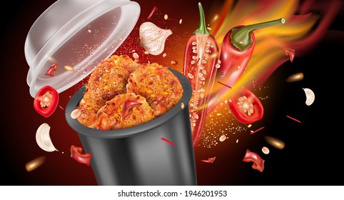 Fried Chicken and Packaging mock up on solid color background, Vector realistic in 3D illustration.