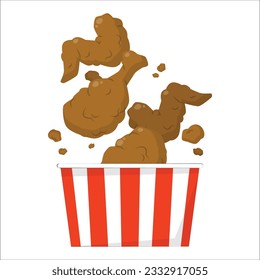 Fried chicken in paper bucket isolated on white background, Fried chicken on white With clipping path. Crispy fried chicken pieces isolated on white background, 3d illustration. 2023