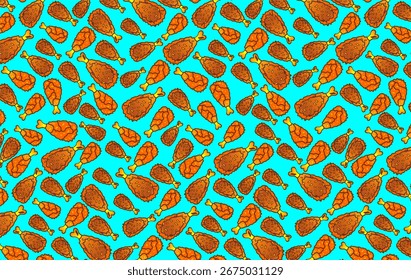 Fried chicken pattern background. Cartoon fried chicken pattern background. Colorful fried chicken illustration. Seamless pattern of fried chicken thighs. Fast food outline.