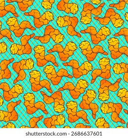 Fried chicken pattern background. Fried chicken seamless pattern background. Fast food fried chicken illustration. Fried chicken wing pattern. Fast food vector illustration. Gradient fast food.