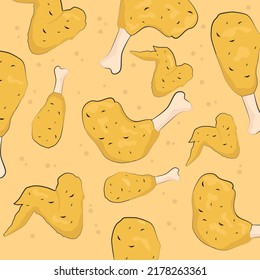  Fried Chicken Pattern. Fast Food Background, Fried Drumstick, Chicken Thighs And Chicken Wing Background.