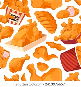 Fried chicken pattern. Seamless print of fast food fried drumstick and nuggets, cartoon crispy poultry food backdrop for fabric textile design. Vector texture of food leg, snack seamless illustration