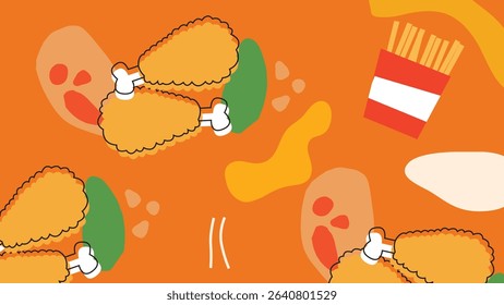 Fried chicken pieces, chili, herbs, and bold shapes on a striking orange-red background. Great for spicy food ads and dynamic snack branding.