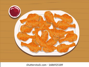 Fried Chicken pieces consists of legs or drumsticks on white plate with ketchup concept. Editable Clip Art.