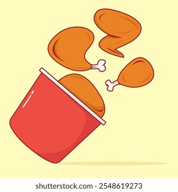Fried chicken pieces flying out of a red bucket on a yellow background. Perfect for food advertising or restaurant promotions.