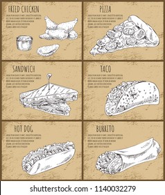 Fried chicken pizza posters set. Monochrome sketches outline of takeaway meal sandwich and taco hot dog and burrito takeaway traditional dishes vector