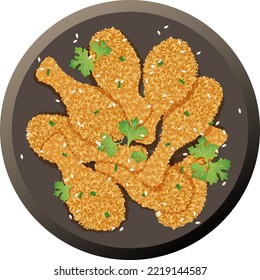 Fried chicken plate top view. Cartoon dish