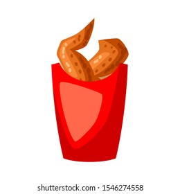 Fried chicken in red box. Fast food snack. Icon or illustration of roast wings.