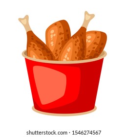 Fried chicken in red bucket. Fast food snack. Icon or illustration of roast legs.