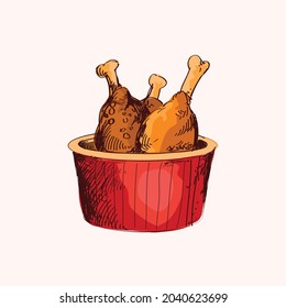 Fried chicken in red bucket. Vector image isolated on white background