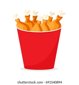 Fried chicken in red bucket. Vector image isolated on white background