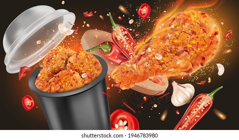 Fried Chicken with red chili splashing and Packaging mock up on solid color background, Vector realistic in 3D illustration.